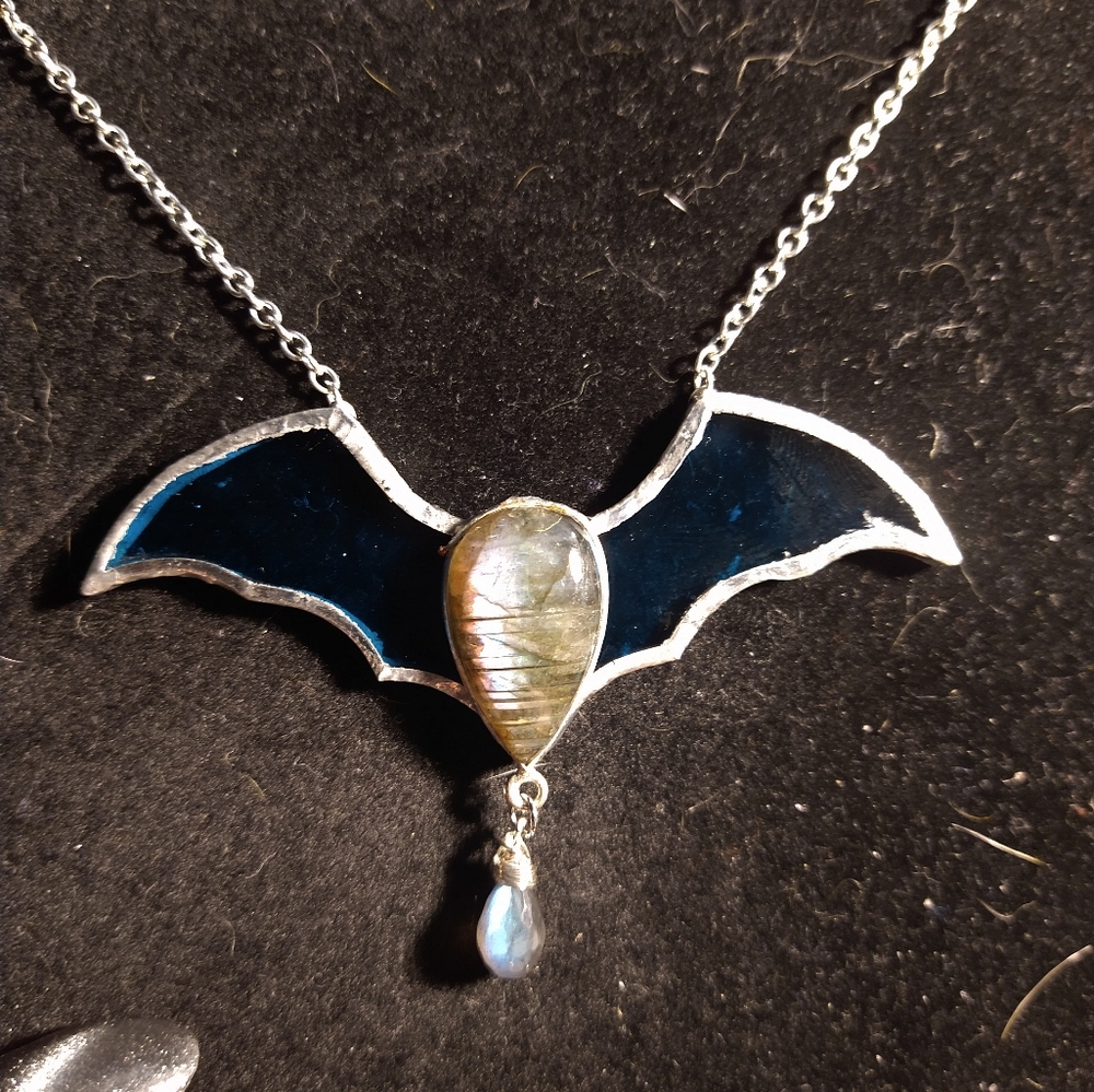Stained glass bat labradorite necklace